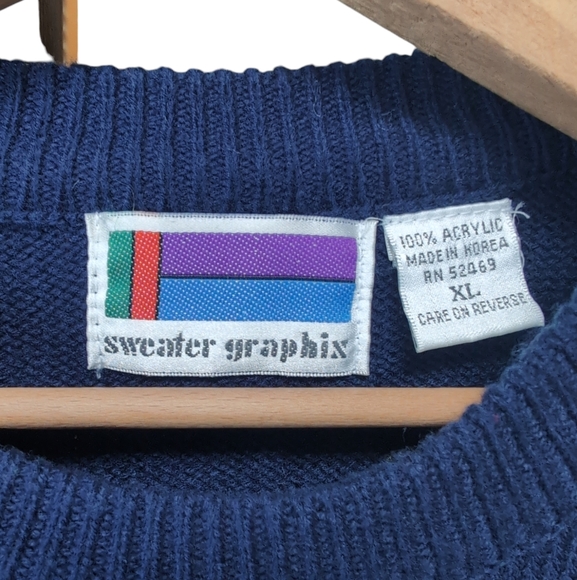 VINTAGE Crew Neck Sweater Graphix Knit Navy Aztec Print Mens Size EXTRA LARGE - Picture 4 of 6